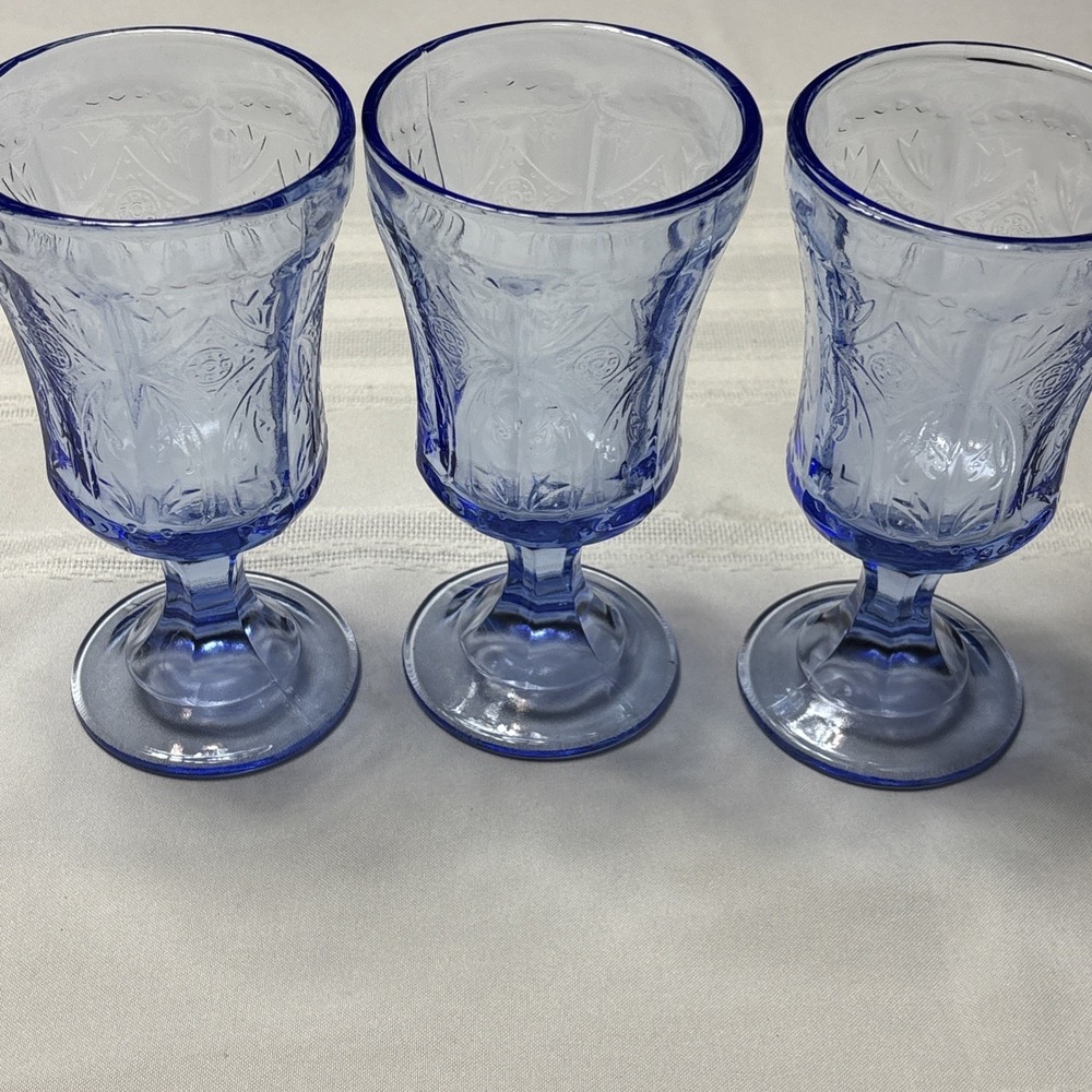 SETof 3 Indiana Glass "Recollection" Madrid Blue Goblets iredescent 6.5 in tall